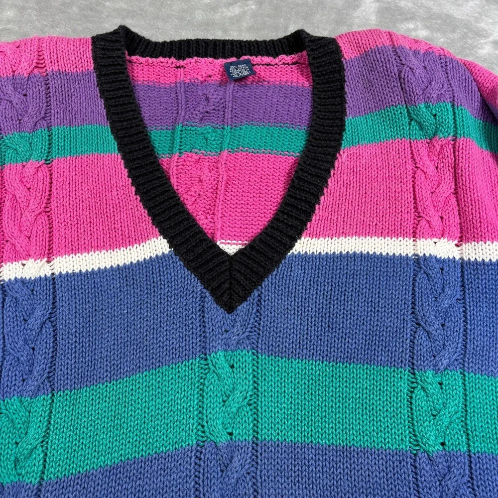 Vintage Cable Knit Sweater Women XL Pink Striped V Neck‎ Colorful 80s Cottage